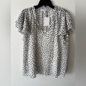 Sugarlips white and black polka dot tie neck ruffle sleeve blouse new XL